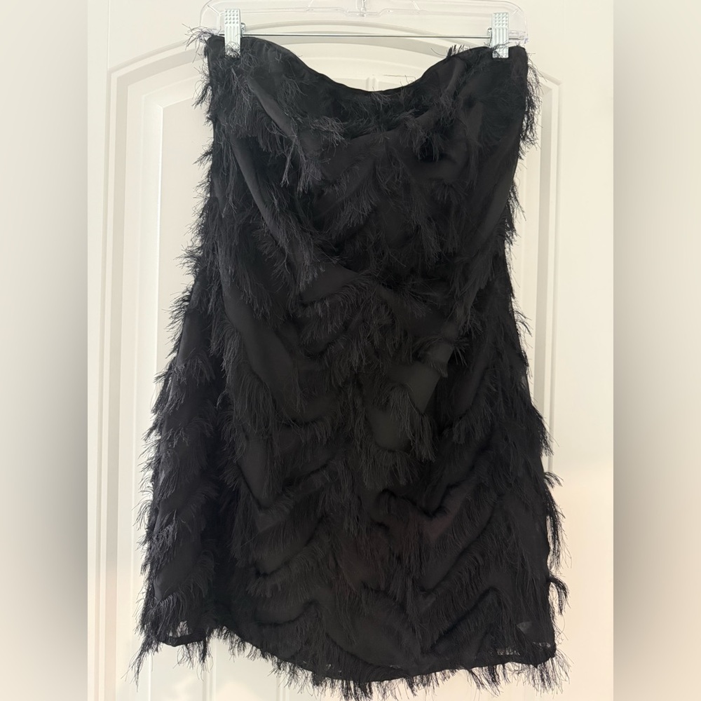 Stella Dallas Strapless Black Feathered Mini Dress in Medium
